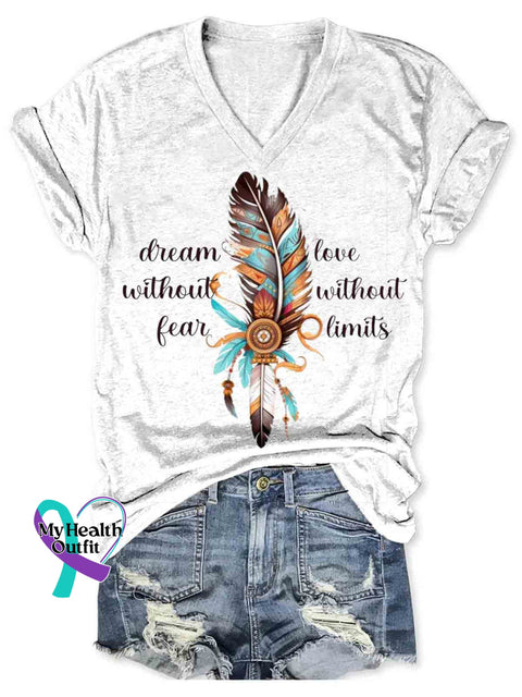 Native Feather Art Women’s V-neck Casual T-Shirt White / S