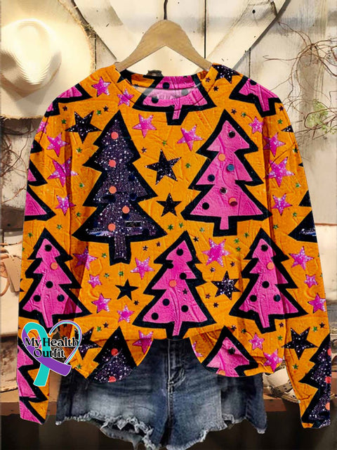 Neon Christmas Trees Print Casual Sweatshirt Multicolor / S