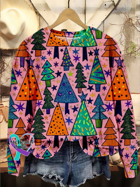 Neon Glittery Christmas Trees Print Casual Sweatshirt Multicolor / S