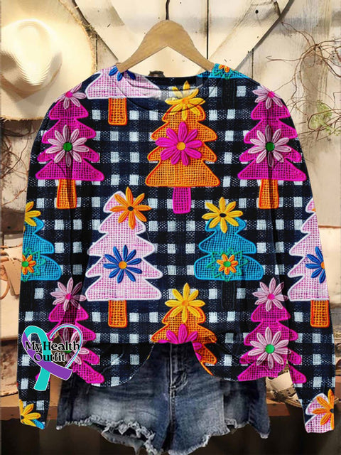Neon Groovy Christmas Tree Plaid Print Casual Sweatshirt Multicolor / S