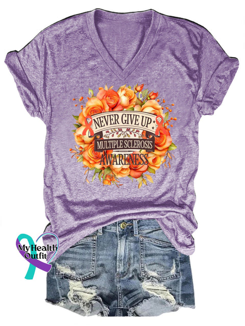 Never Give Up Multiple Sclerosis Awareness Love Printed V-Neck Casual Short Sleeve T-Shirt Purple / S