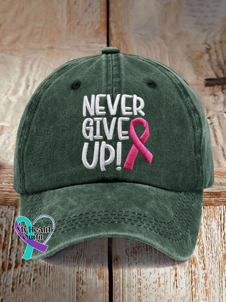 Never Give Up Pink Ribbon Breast Cancer Awareness Print Baseball Cap Army Green / One-Size