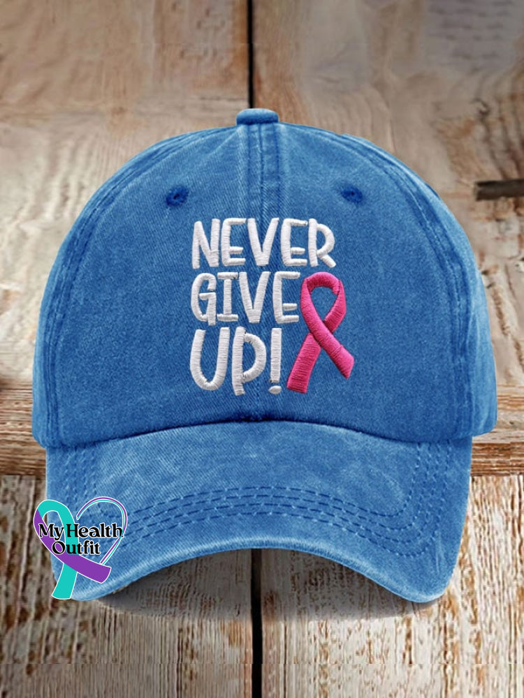 Never Give Up Pink Ribbon Breast Cancer Awareness Print Baseball Cap Light Blue / One-Size