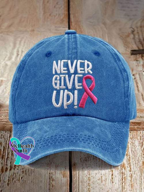 Never Give Up Pink Ribbon Breast Cancer Awareness Print Hats Blue / Onesize