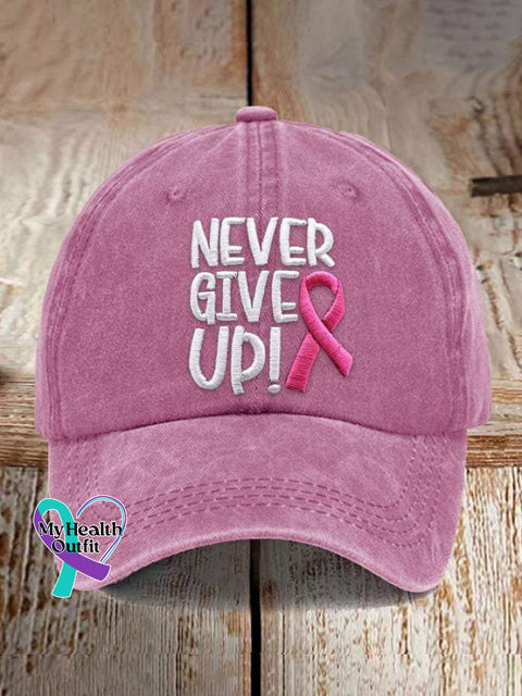 Never Give Up Pink Ribbon Breast Cancer Awareness Print Hats / Onesize