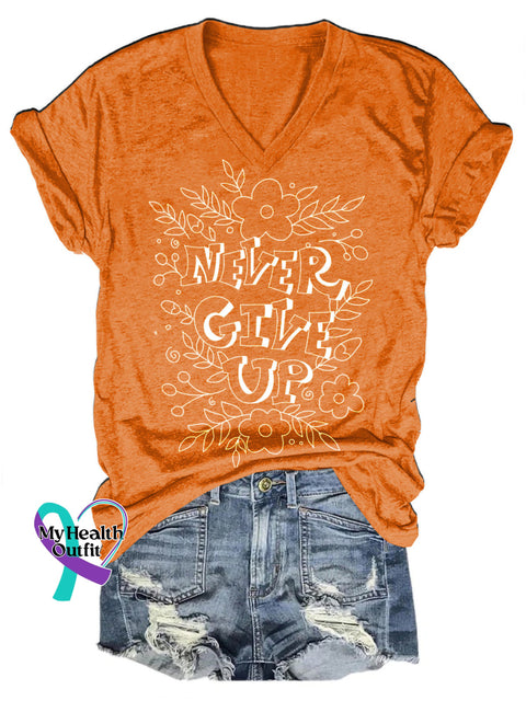 Never Give Up Simple Printed Casual V-Neck Short Sleeve T-Shirt Orange / S
