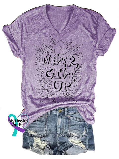 Never Give Up Simple Printed Casual V-Neck Short Sleeve T-Shirt Purple / S