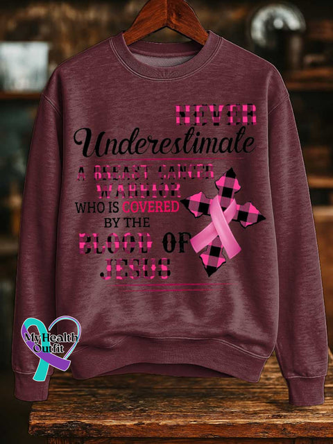 NEVER Underestimate A BREAST CANCER WARRIOR WHO IS COVERED BY THE BLOOD OF JESUS Breast Cancer Awareness Print Casual