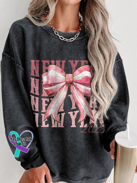 New Year 2025 Coquette Bow Women’s Casual Print Corduroy Sweatshirt Black / S