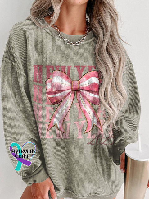 New Year 2025 Coquette Bow Women’s Casual Print Corduroy Sweatshirt Brown / S