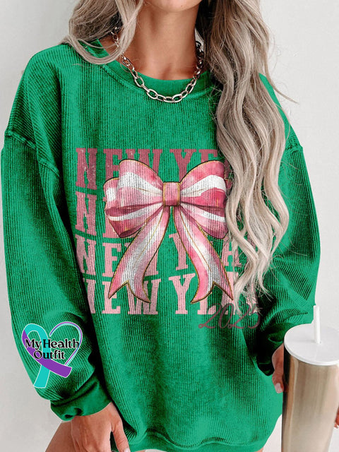 New Year 2025 Coquette Bow Women’s Casual Print Corduroy Sweatshirt Green / S