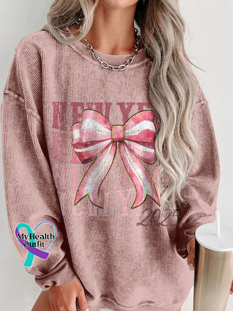 New Year 2025 Coquette Bow Women’s Casual Print Corduroy Sweatshirt Pink / S