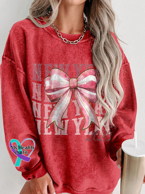New Year 2025 Coquette Bow Women’s Casual Print Corduroy Sweatshirt Red / S