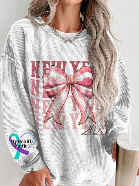 New Year 2025 Coquette Bow Women’s Casual Print Corduroy Sweatshirt White / S