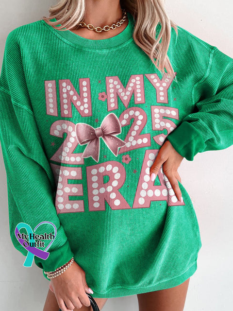 New Year 2025 Pink Bow Women’s Casual Print Corduroy Sweatshirt Green / S