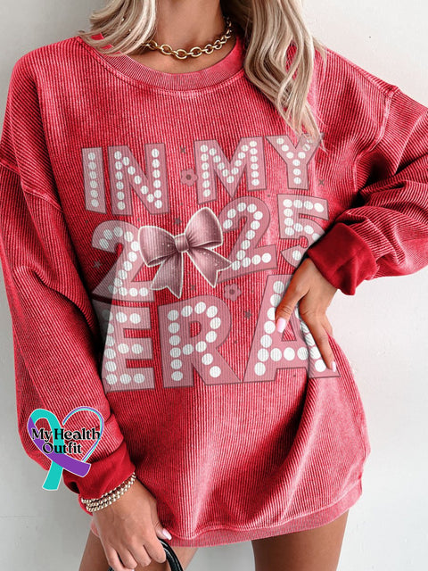 New Year 2025 Pink Bow Women’s Casual Print Corduroy Sweatshirt Red / S