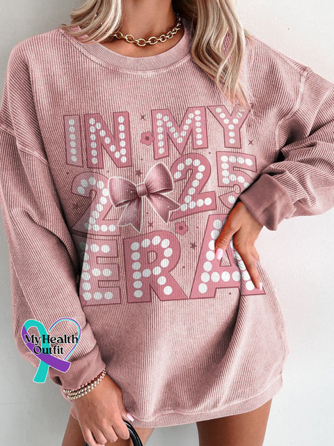 New Year 2025 Pink Bow Women’s Casual Print Corduroy Sweatshirt / S