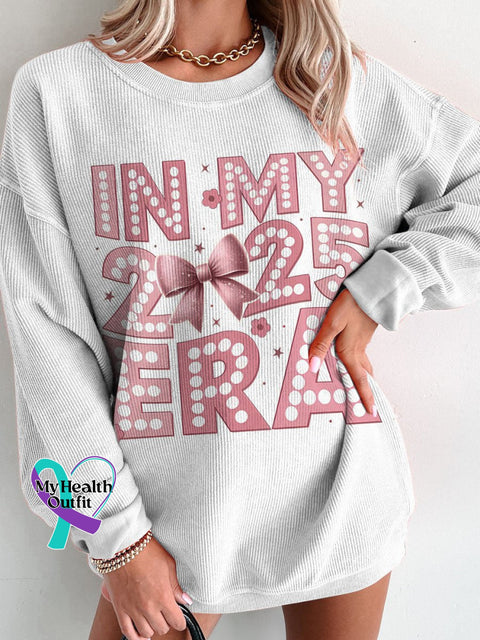 New Year 2025 Pink Bow Women’s Casual Print Corduroy Sweatshirt White / S