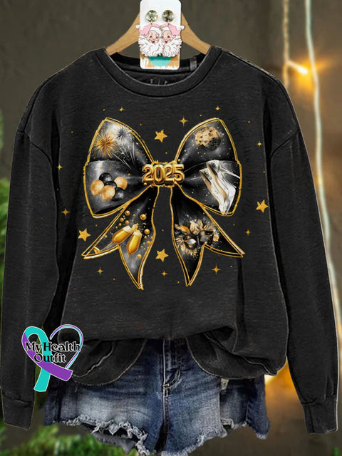 New Year Coquette Bow Gold Glitter Casual Sweatshirt Black / S