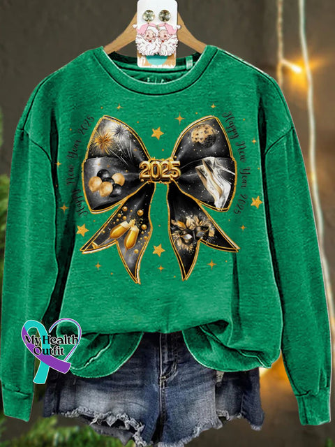 New Year Coquette Bow Gold Glitter Casual Sweatshirt Green / S