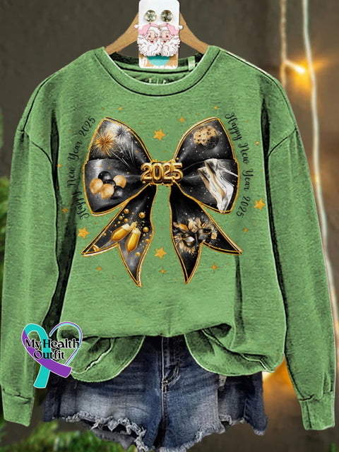 New Year Coquette Bow Gold Glitter Casual Sweatshirt Lightgreen / S