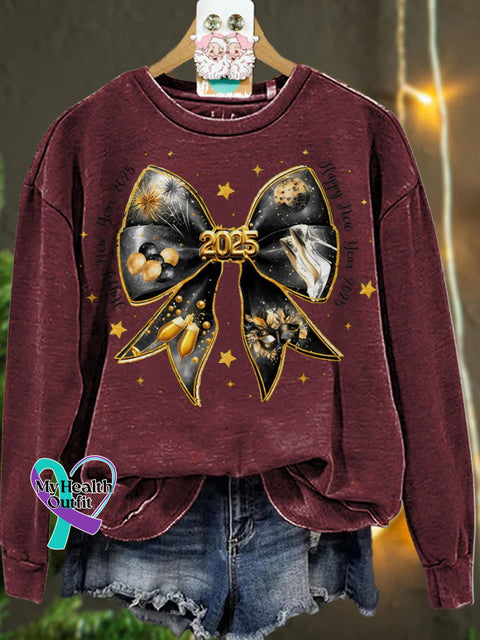 New Year Coquette Bow Gold Glitter Casual Sweatshirt Maroon / S