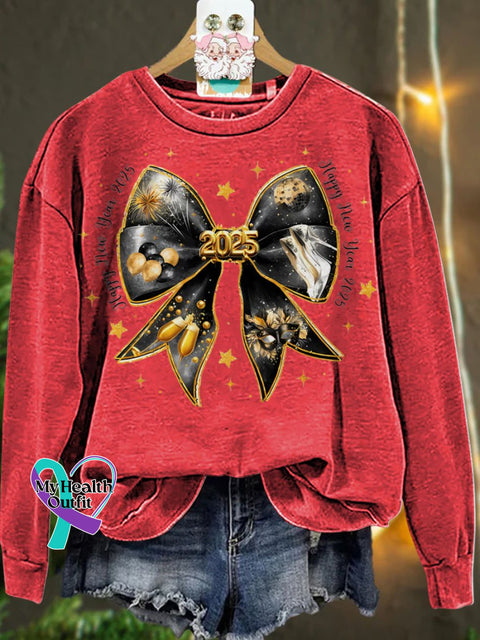 New Year Coquette Bow Gold Glitter Casual Sweatshirt Red / S