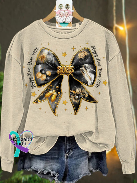 New Year Coquette Bow Gold Glitter Casual Sweatshirt Sand / S