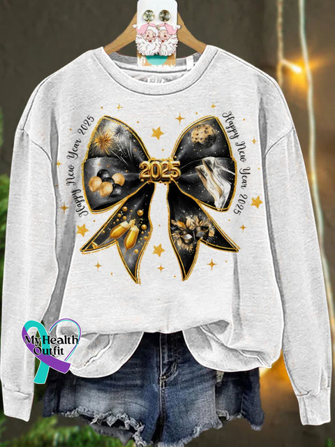 New Year Coquette Bow Gold Glitter Casual Sweatshirt White / S