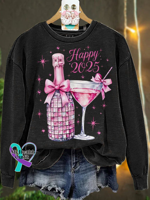 New Year Disco Ball 2025 Pink Christmascasual Sweatshirt Black / S