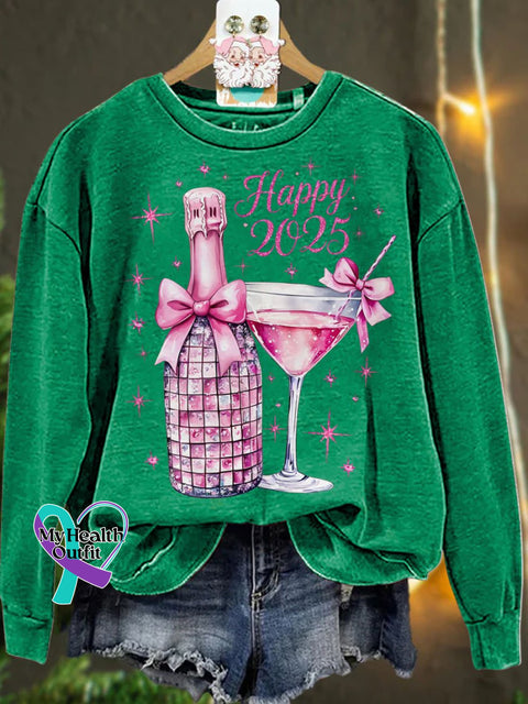 New Year Disco Ball 2025 Pink Christmascasual Sweatshirt Green / S