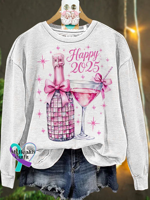 New Year Disco Ball 2025 Pink Christmascasual Sweatshirt White / S
