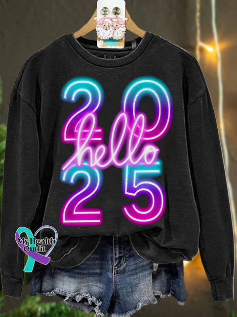 New Year Neon Hello 2025 Casual Sweatshirt Black / S