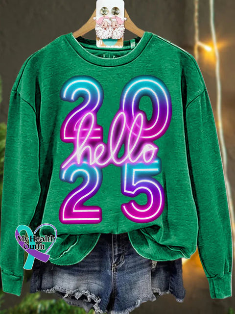 New Year Neon Hello 2025 Casual Sweatshirt Green / S