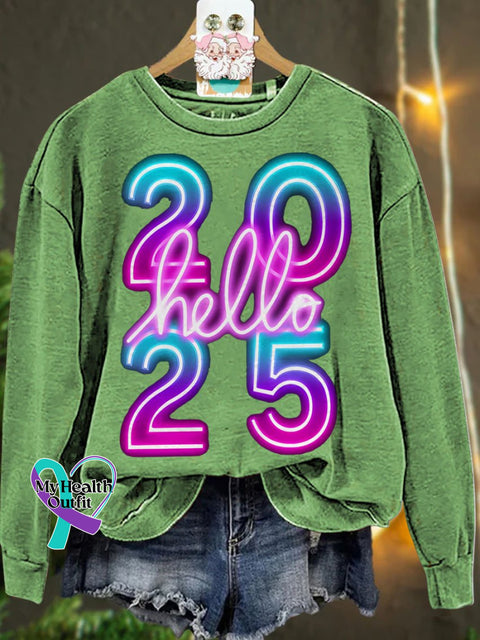 New Year Neon Hello 2025 Casual Sweatshirt Lightgreen / S