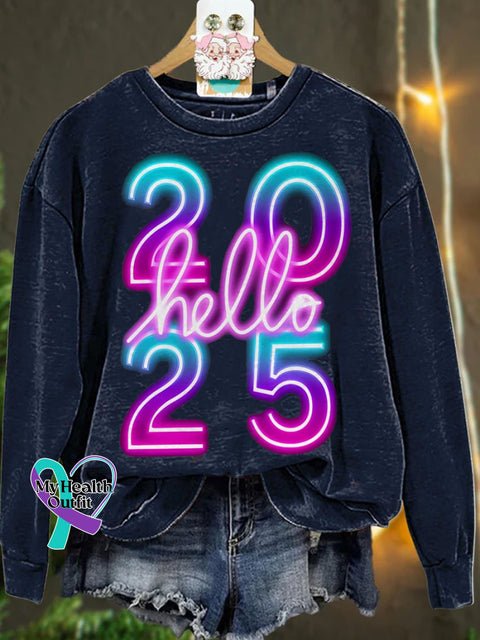 New Year Neon Hello 2025 Casual Sweatshirt Navyblue / S
