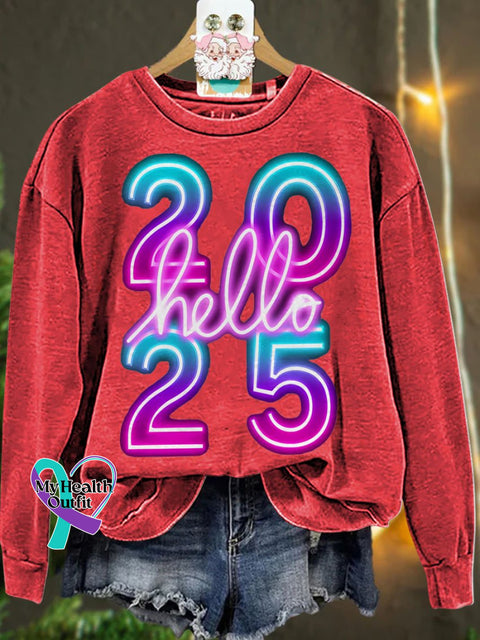 New Year Neon Hello 2025 Casual Sweatshirt Red / S