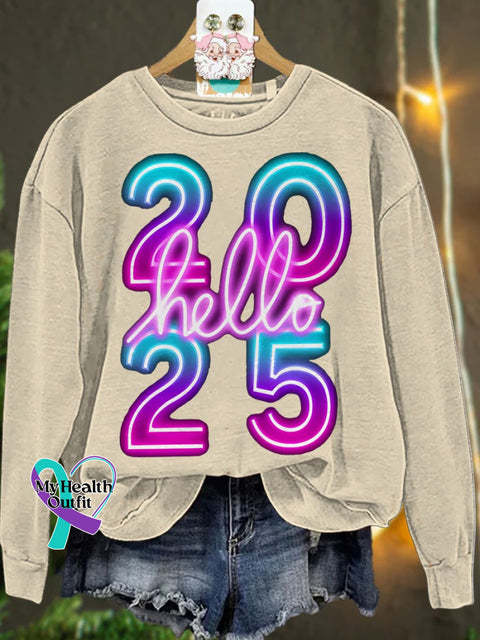 New Year Neon Hello 2025 Casual Sweatshirt Sand / S