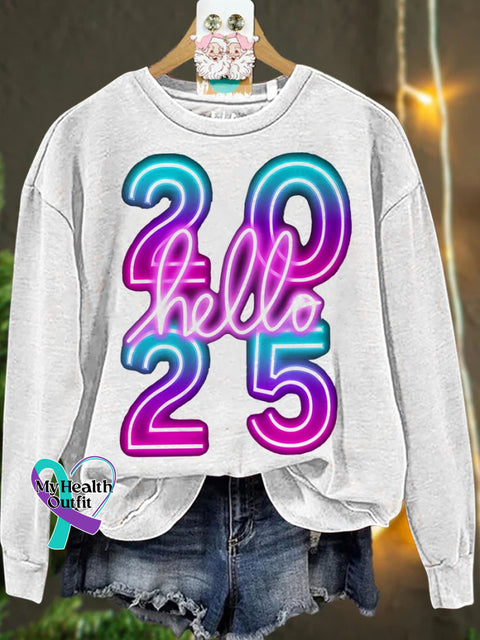 New Year Neon Hello 2025 Casual Sweatshirt White / S