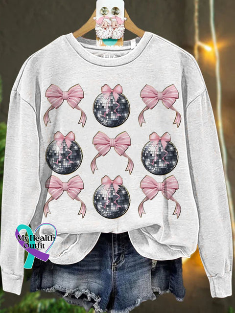 New Year Pink Coquette Disco Ball Casual Sweatshirt White / S