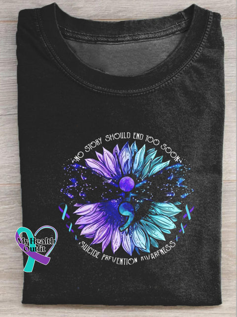 No Story Should End Too Soon Suicide Prevention Awareness Printed Casual Crew Neck Short Sleeve T-Shirt Multicolor / S