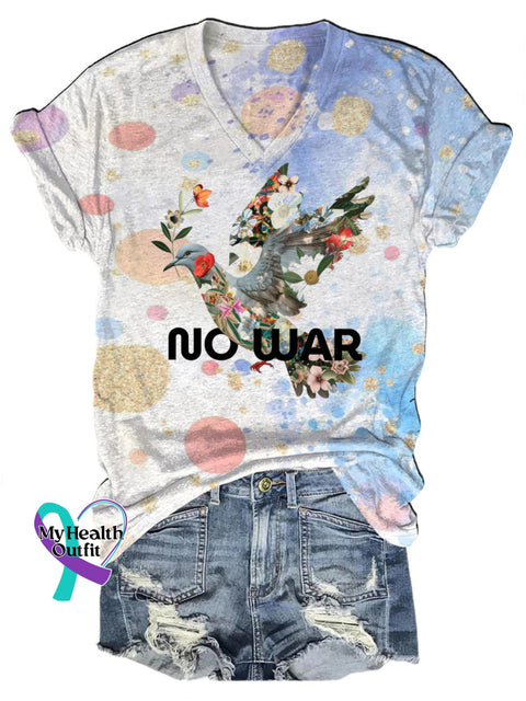 No War Peace Dove Gradient Print Casual V-Neck Short Sleeve T-Shirt Multicolor / S