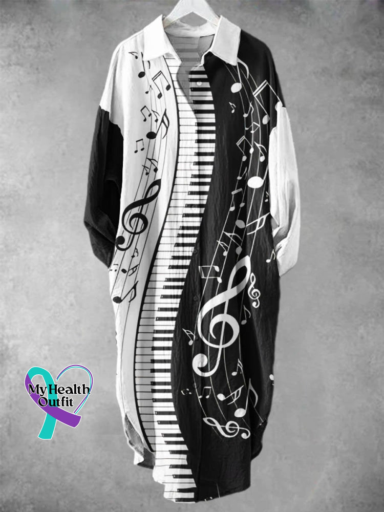 Note Art Print Cotton And Linen Long Shirt Dress Muilticolor / S