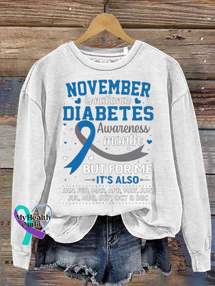November Is Diabetes Awareness Month Blue And Gray Ribbon Casual Sweatshirt White / S