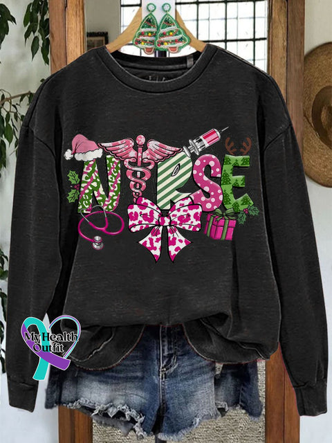 Nurse Christmas Coquette Retro Merry Casual Sweatshirt Black / S