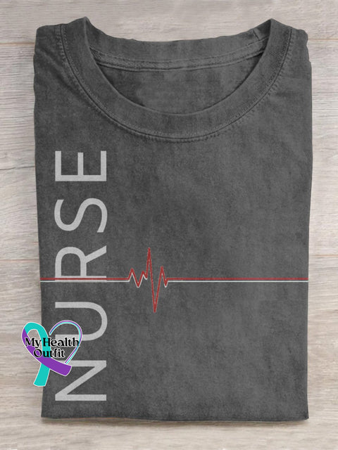 Nurse Texts And Heartbeat Graphic Printed T-Shirt Grey / S