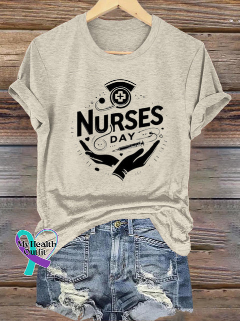Nurses Day Printed Casual Round Neck Short Sleeve T-Shirt Beige / S