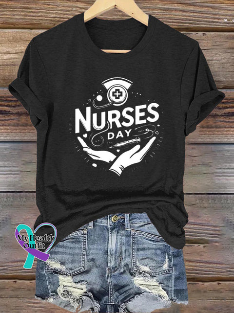 Nurses Day Printed Casual Round Neck Short Sleeve T-Shirt Black / S