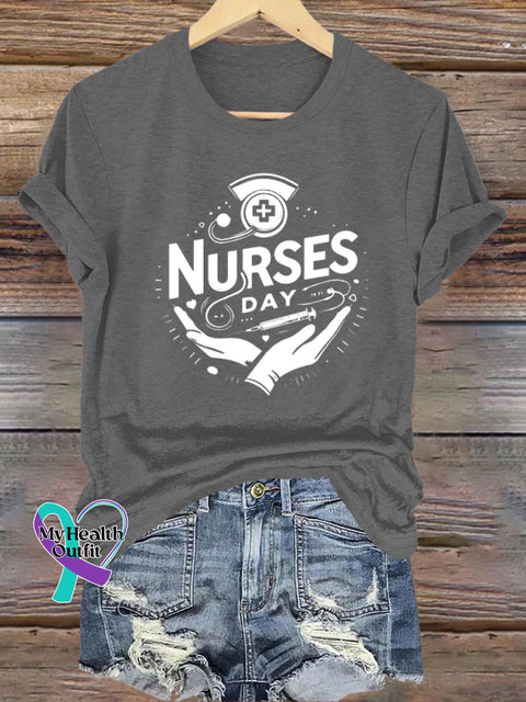 Nurses Day Printed Casual Round Neck Short Sleeve T-Shirt Grey / S