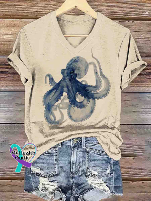 Ocean Octopus Art V-neck Casual T-Shirt Apricot / S